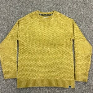 Fat face chunky mens knit sweater mustard yellow cable elbow patches crew size M